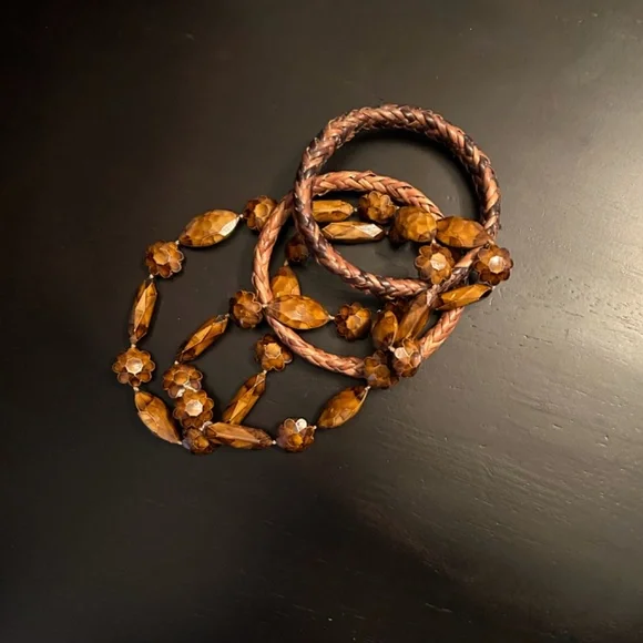 Vintage Lot Tortoise Beaded Celluloid Necklace & 2 Basket Weave Bangle Bracelets - Picture 2 of 11